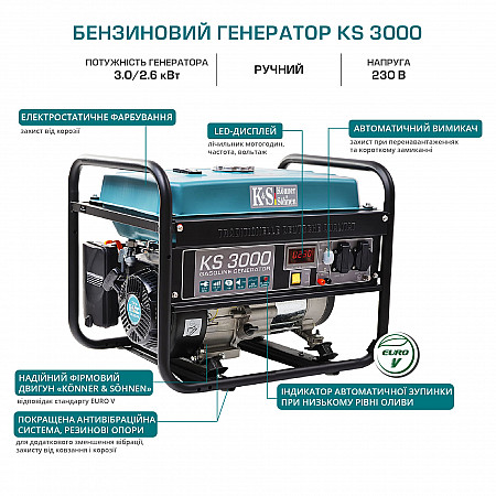 Бензиновый генератор 3 кВт KÖNNER&SÖHNEN KS 3000 открытого типа - фото 2